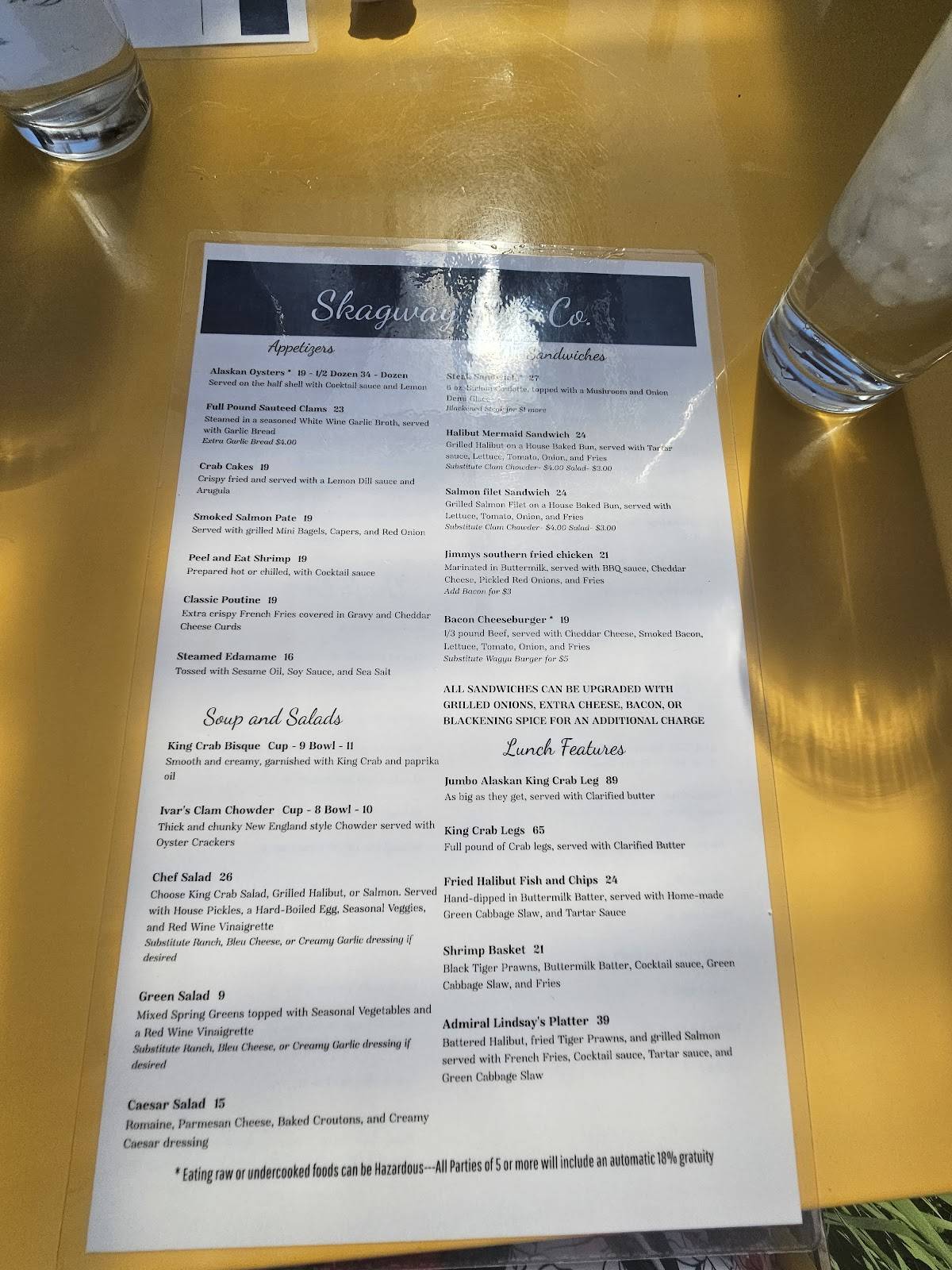 Menu at Skagway Fish Company restaurant, Skagway