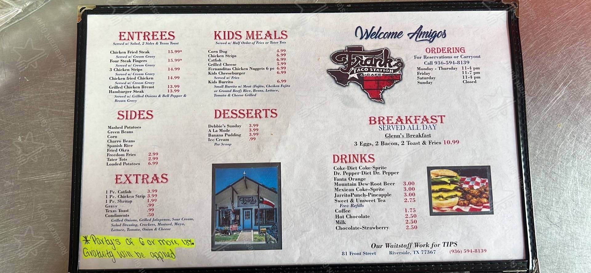 Menu at Frank's Taco Station restaurant, Riverside