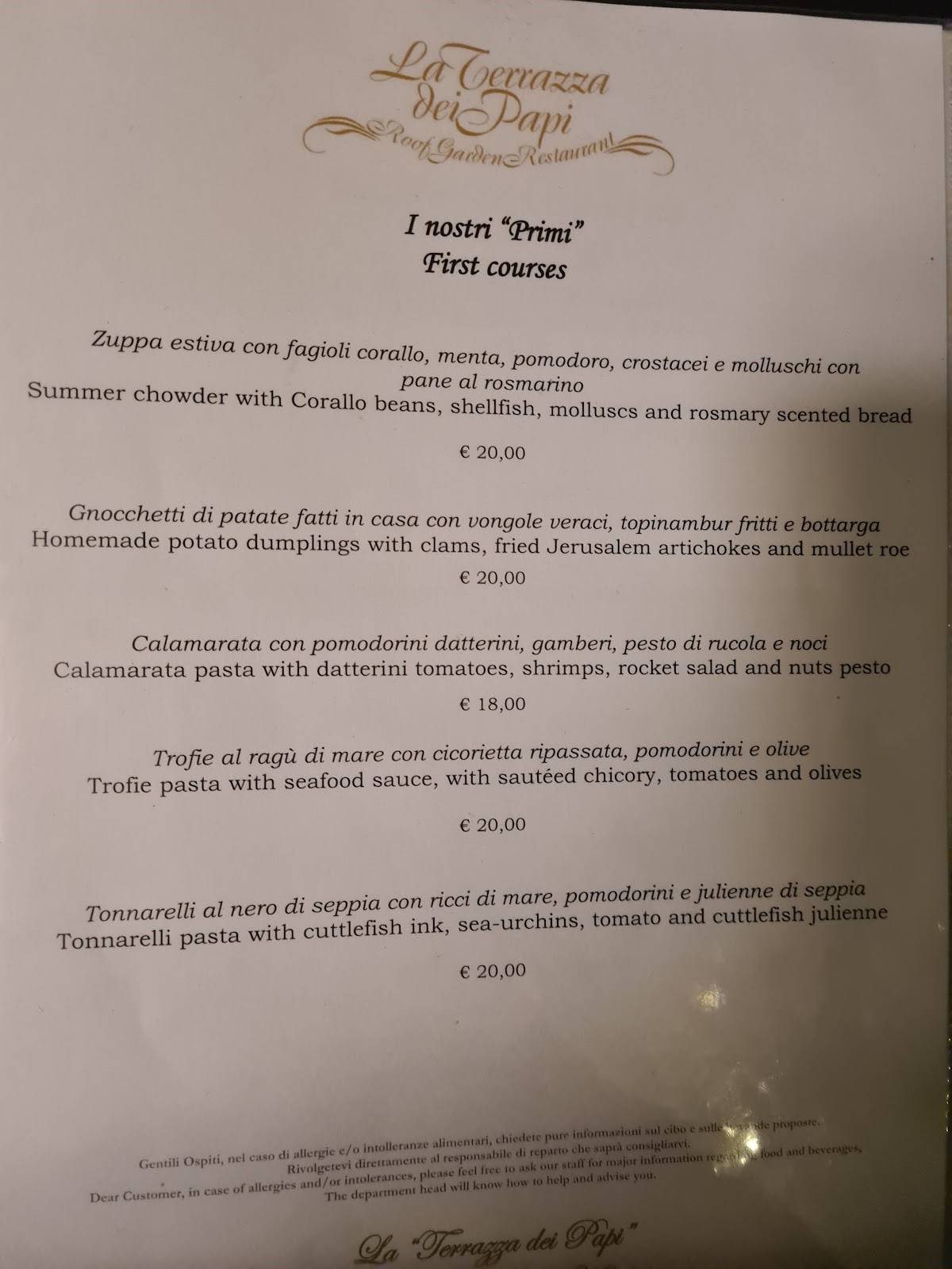 Menu au La Terrazza dei Papi Rooftop Restaurant, Rome