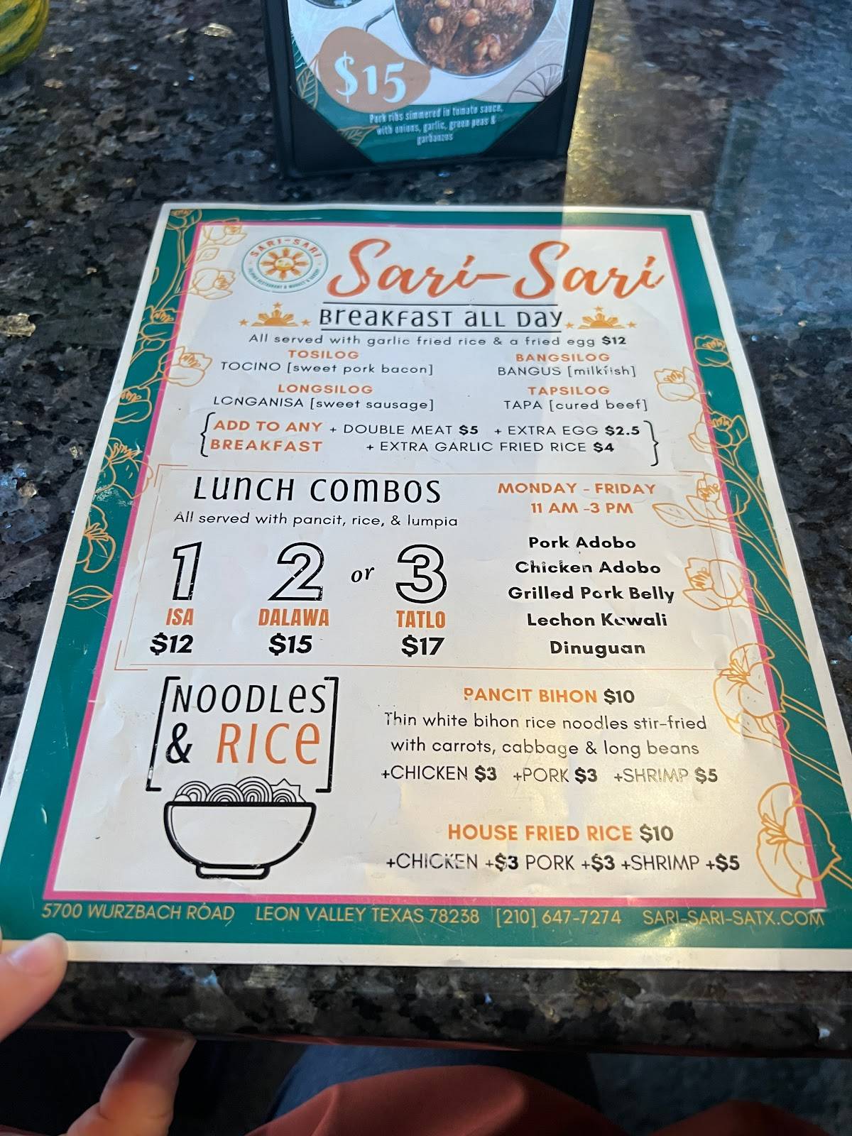 Menu at SariSari Filipino Restaurant, Market, & Bakery, San Antonio