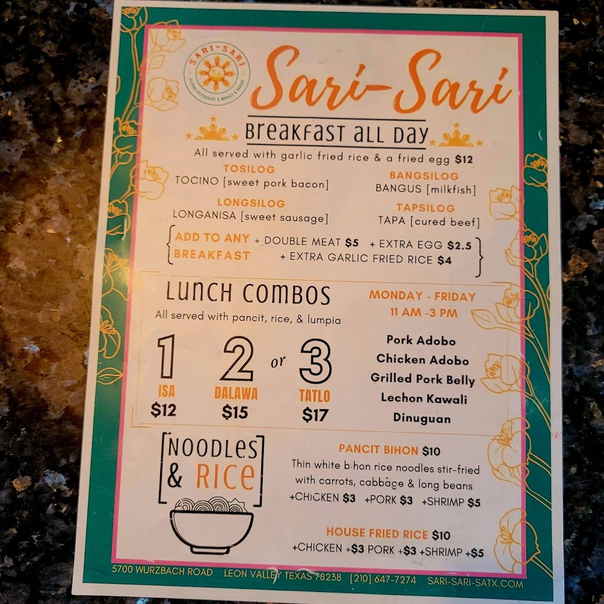 Menu at SariSari Filipino Restaurant, Market, & Bakery, San Antonio