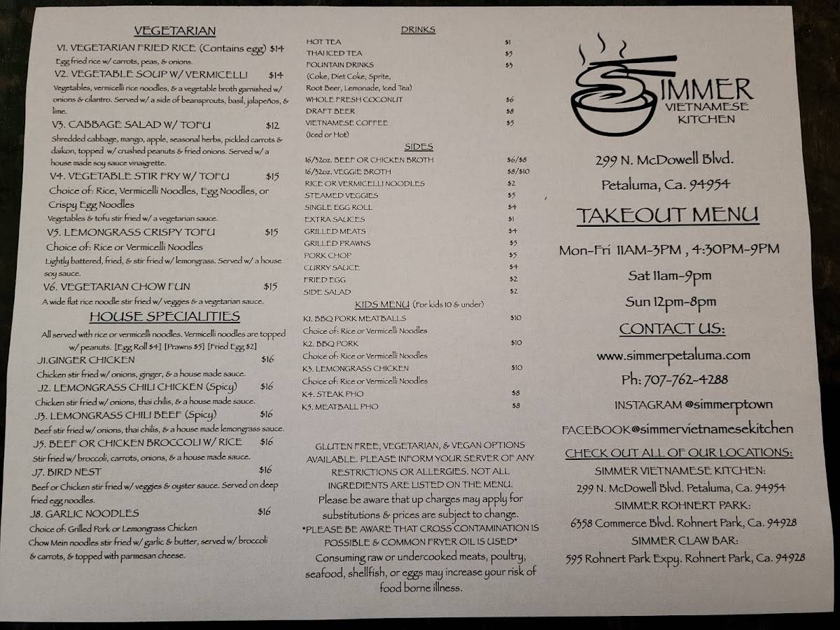 Menu at Simmer Vietnamese Kitchen restaurant, Petaluma