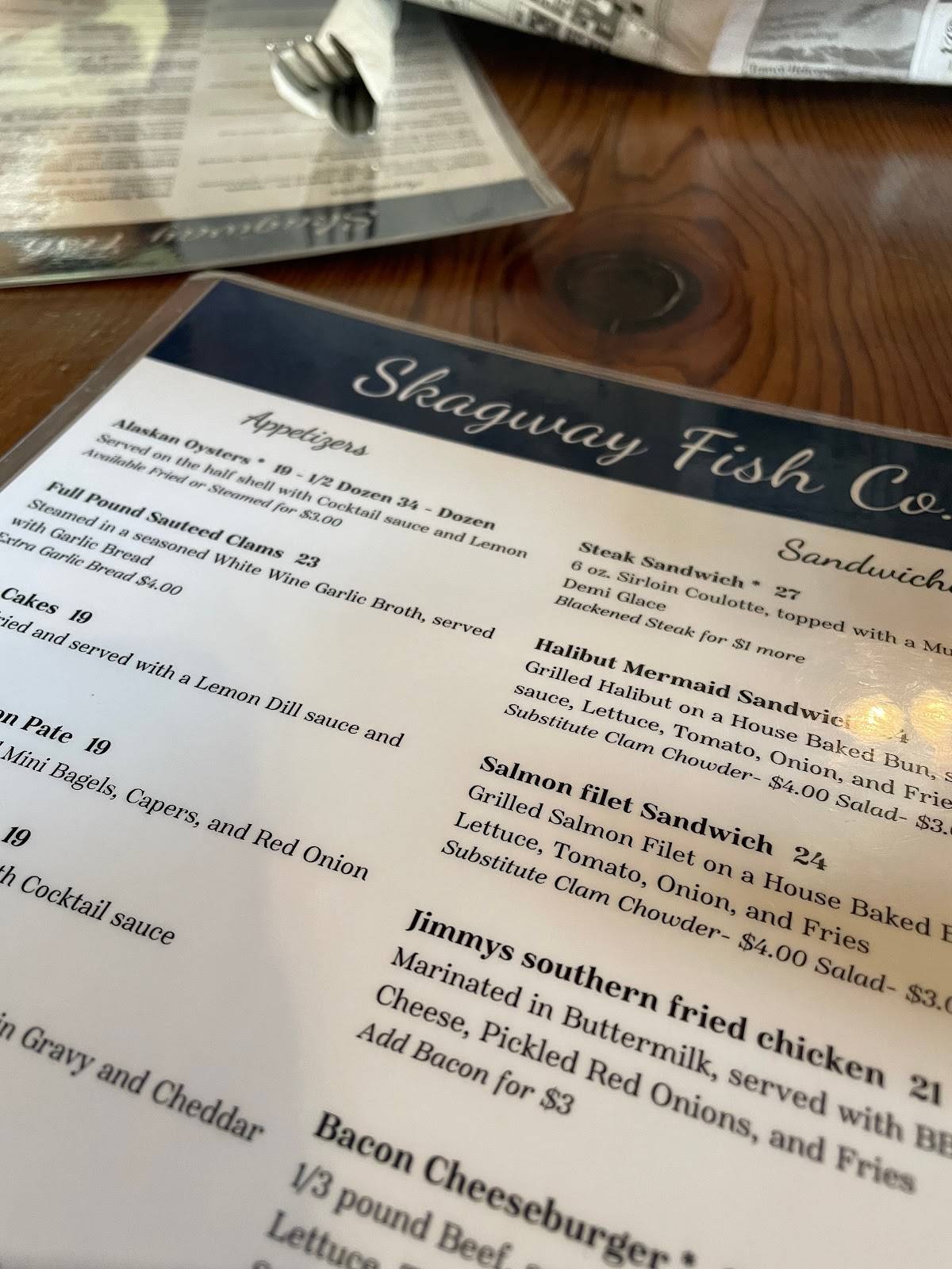 Menu at Skagway Fish Company restaurant, Skagway