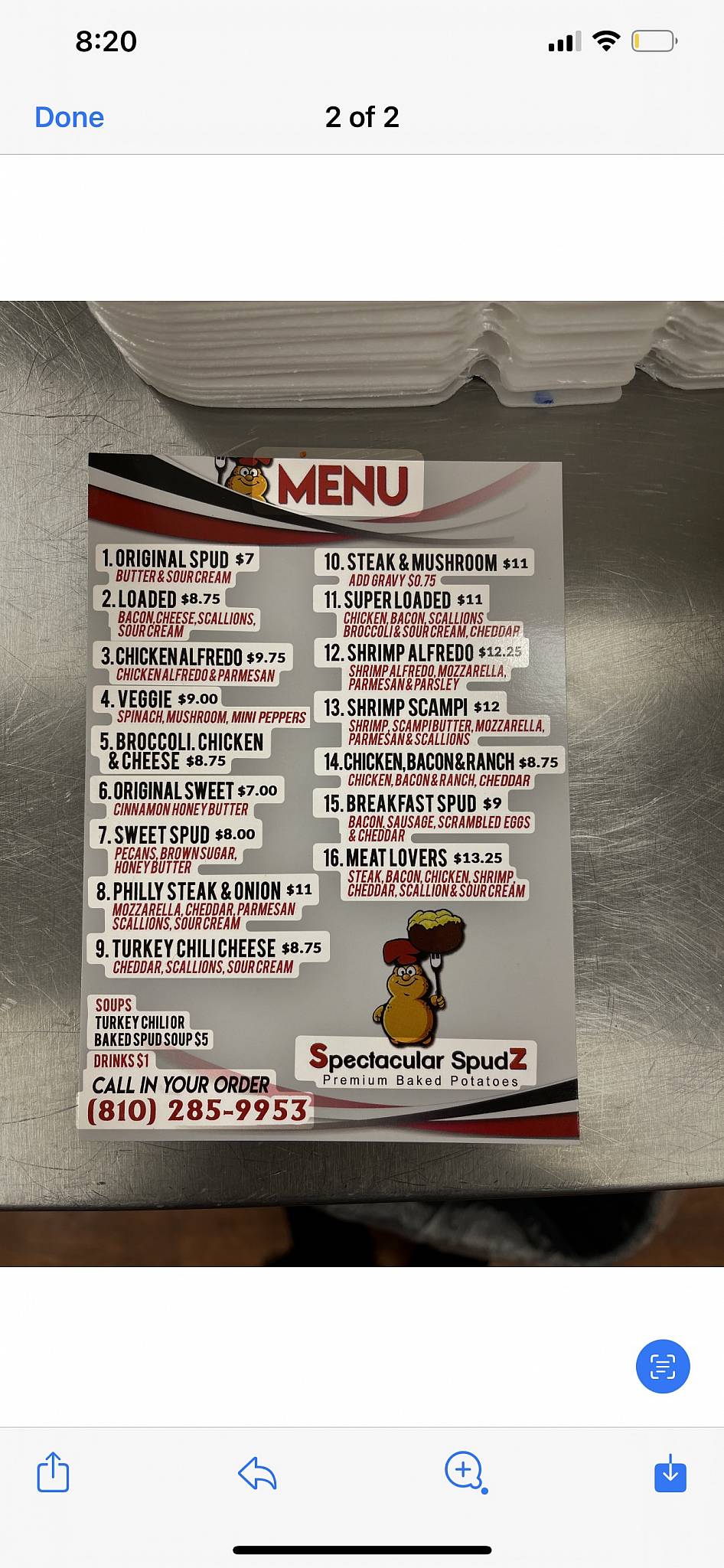 Menu at Spectacular Spudz restaurant, Flint