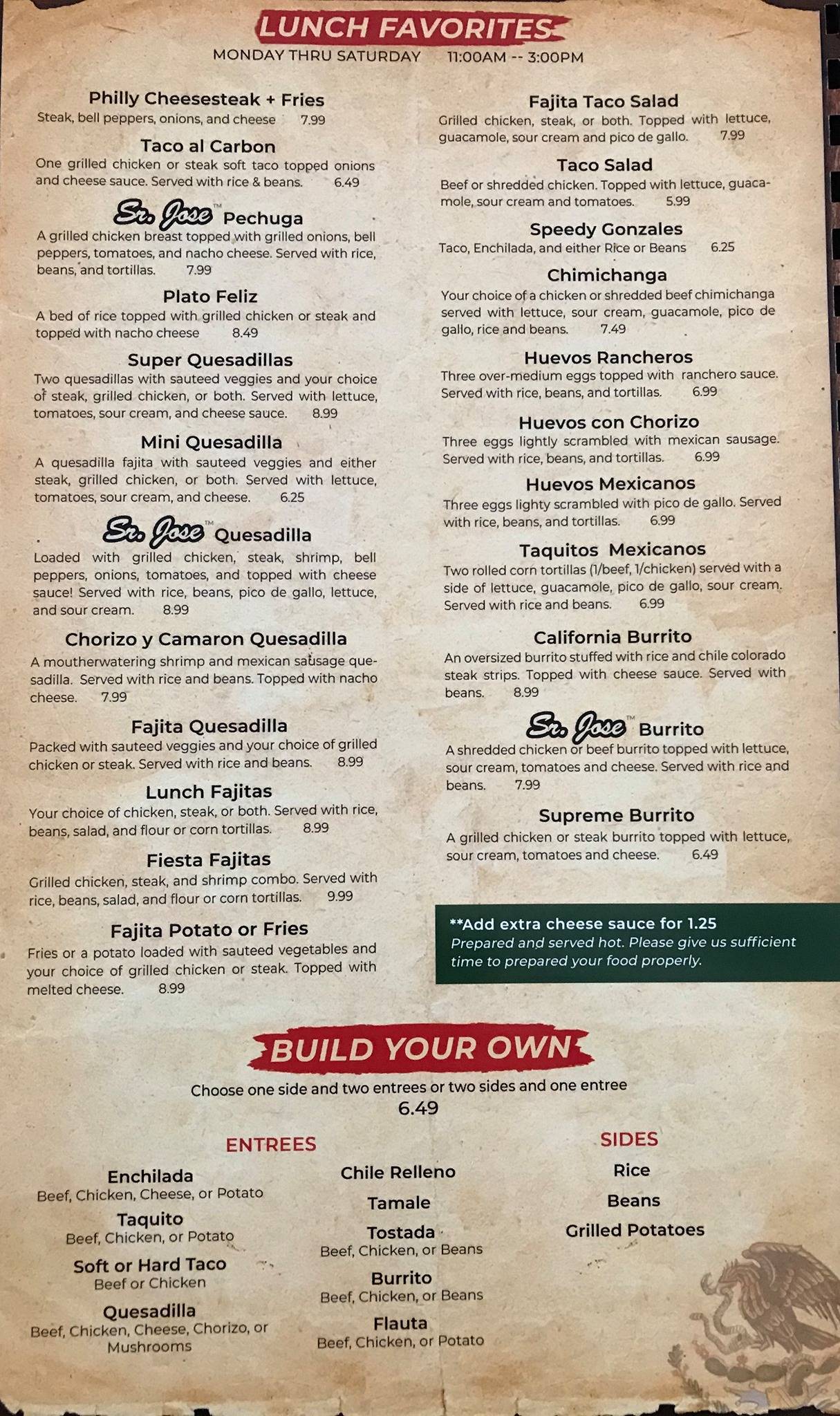 Menu at Sr Jose Mexican Restaurant, Hollandale