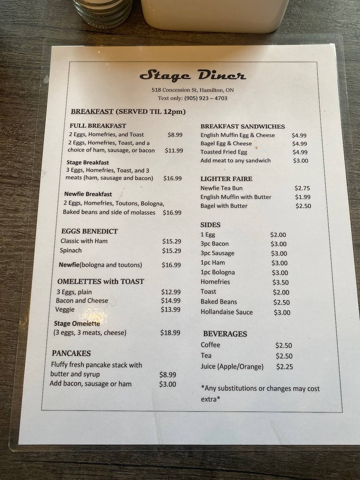 Menu at Stage Diner restaurant, Hamilton