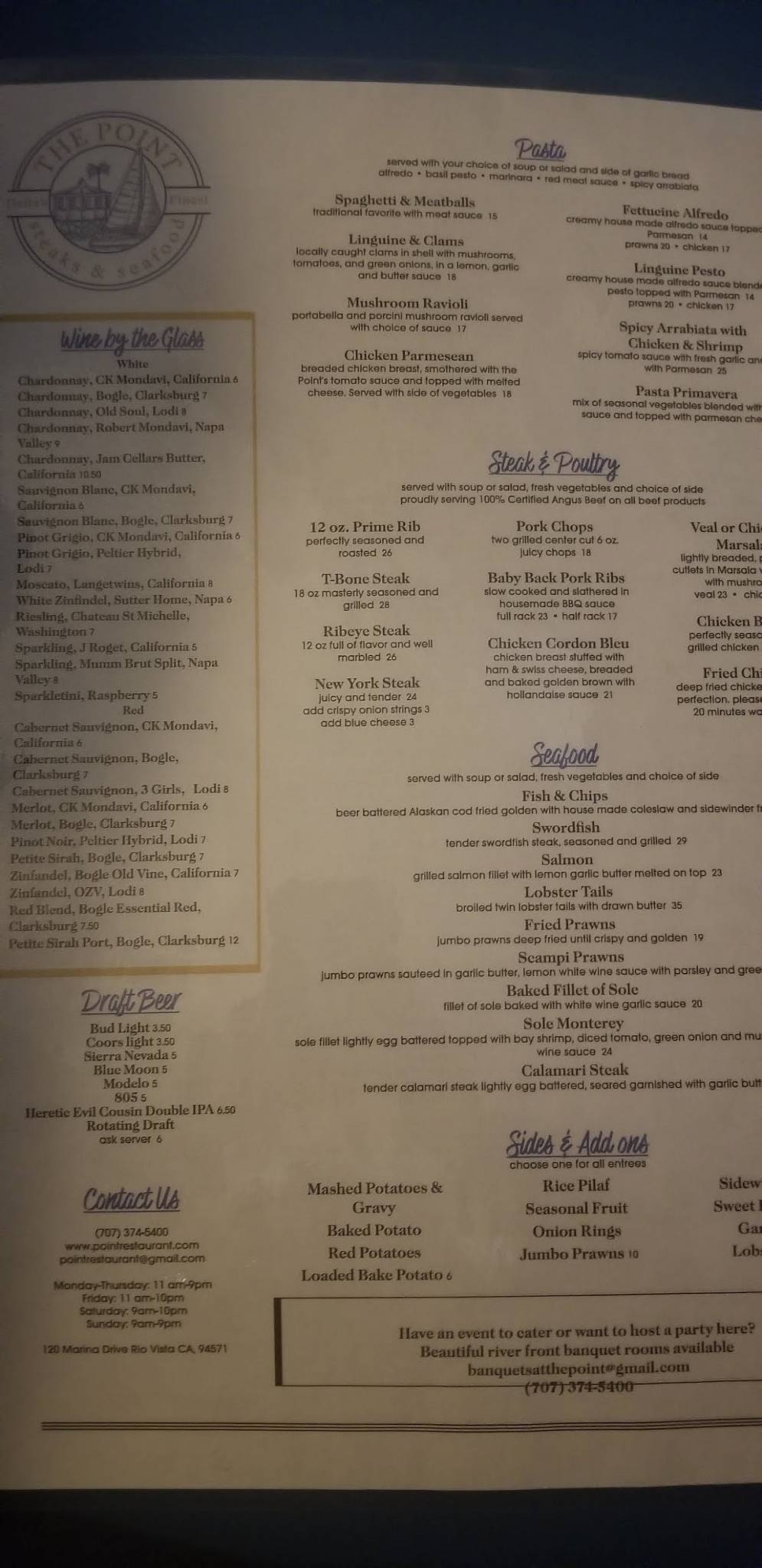 Menu at The Point Restaurant, Rio Vista