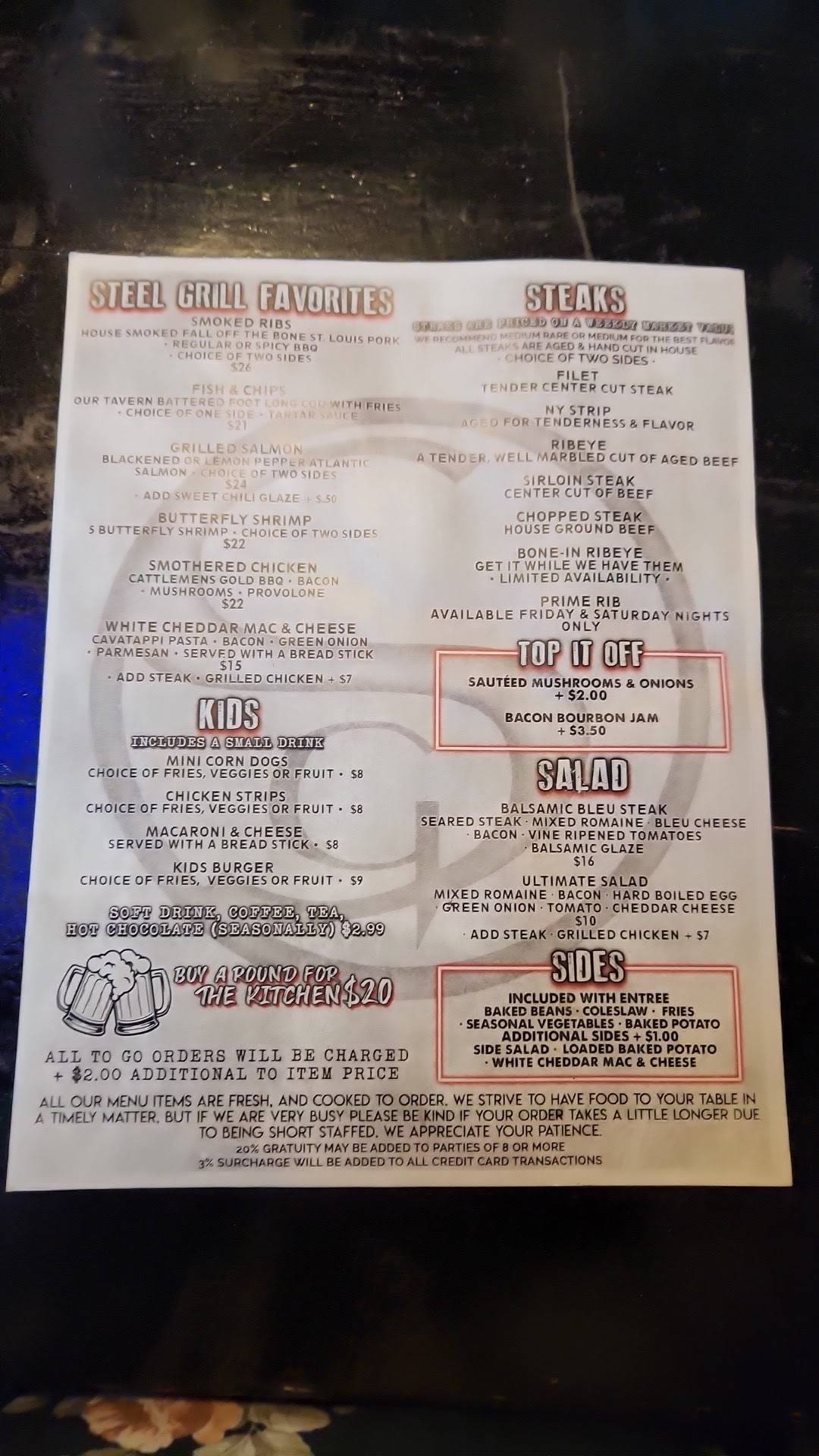 Menu at Steel Grill Restaurant & Bar, Gering