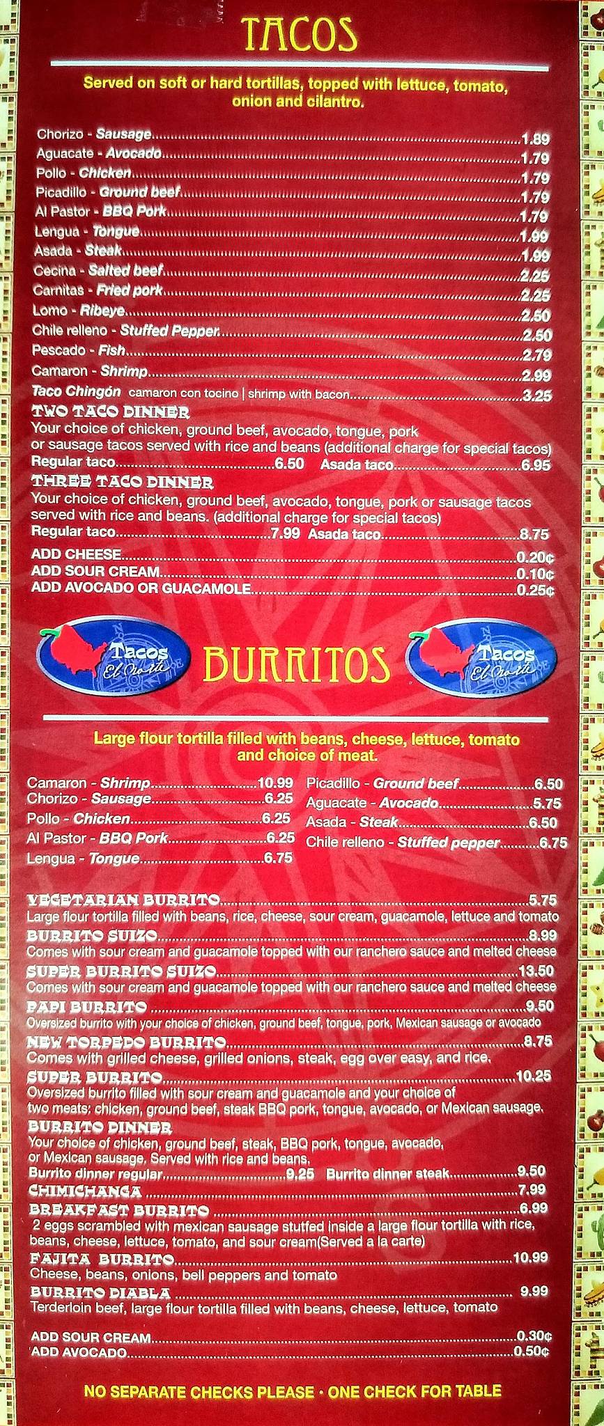 Menu at Tacos EL Norte In Round Lake Beach restaurant, Round Lake Beach