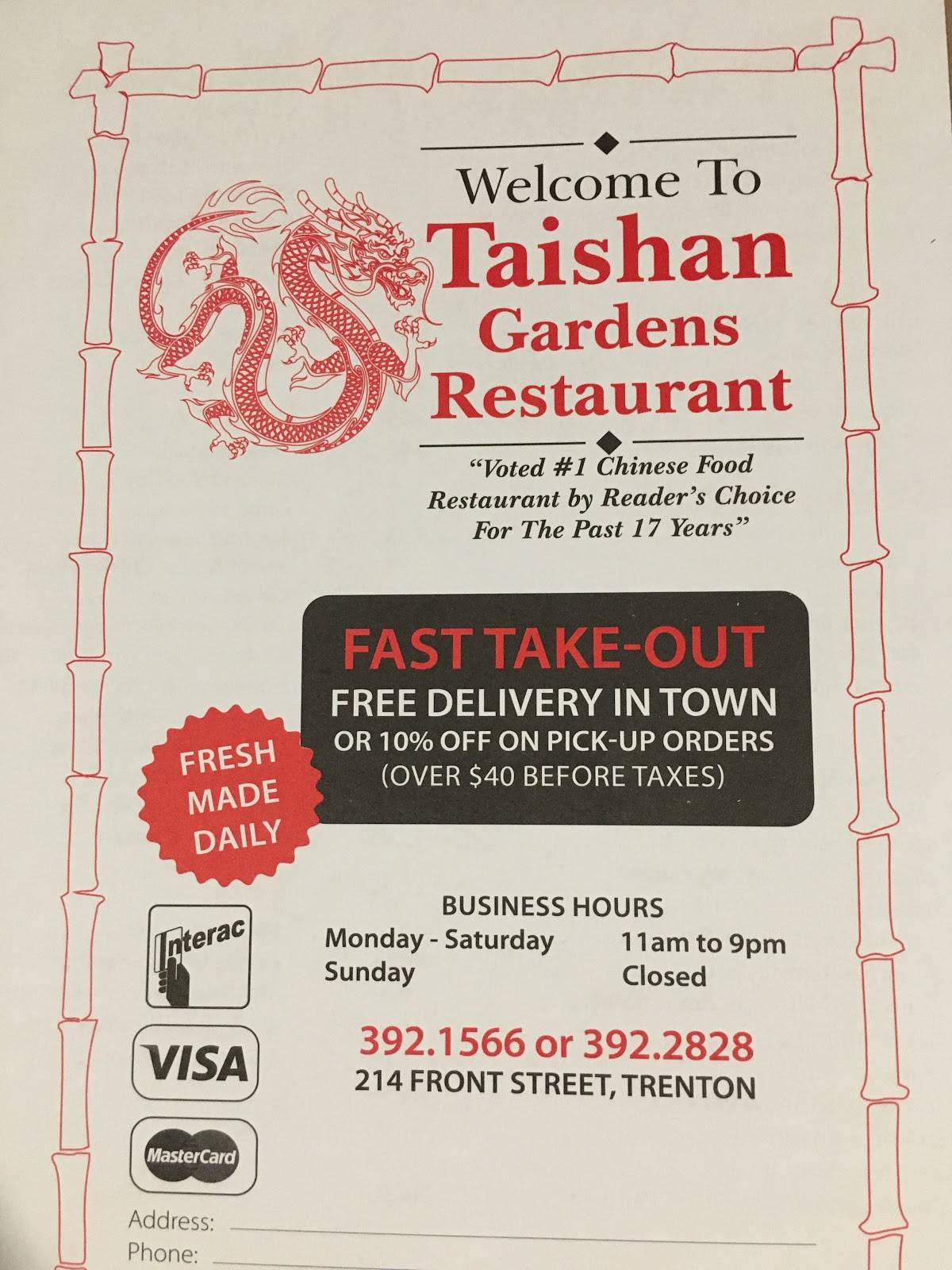 Menu at Taishan Gardens Restaurant, Quinte West