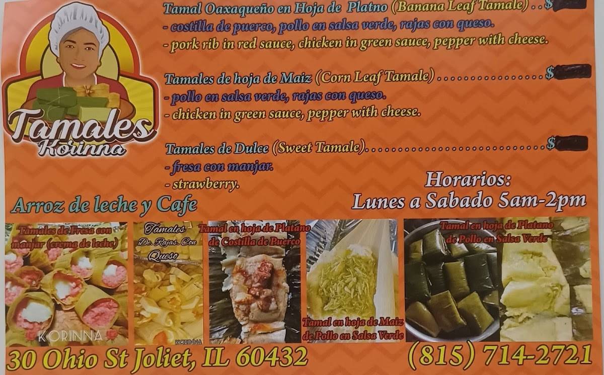 Menu at Tamales Korinna restaurant, Joliet