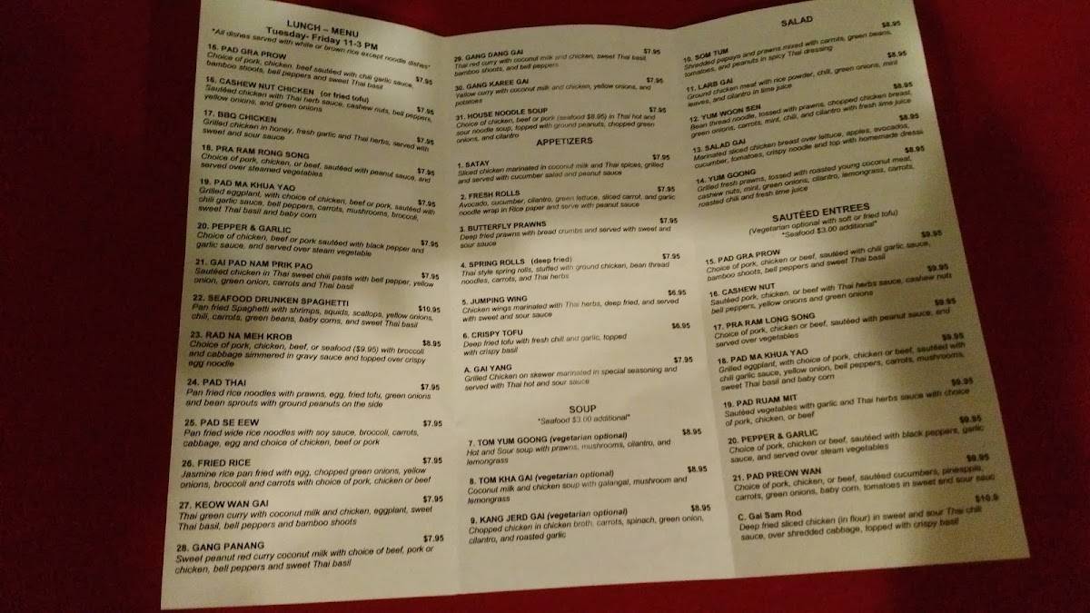 Menu at Thai Jasmine restaurant, Tracy