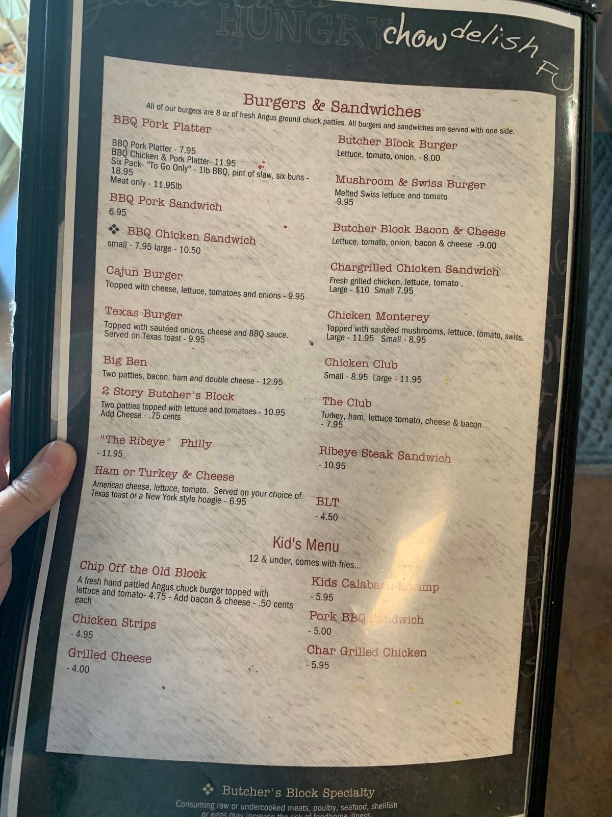 Menu at The Butcher's Block steakhouse, Greeneville