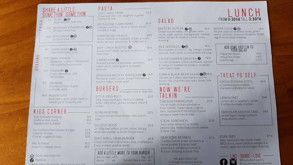 Menu at The Butlers Pantry restaurant, Rowville