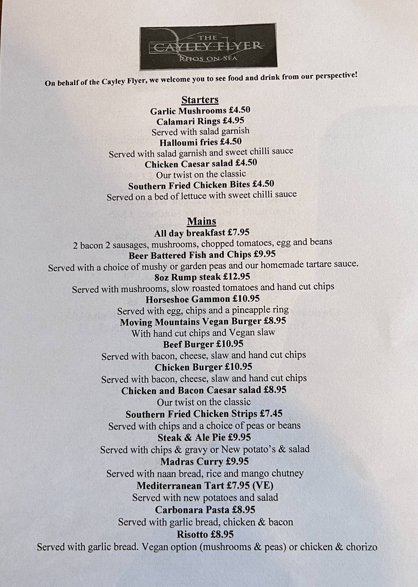 Menu at The Cayley Arms pub & bar, Rhos on Sea