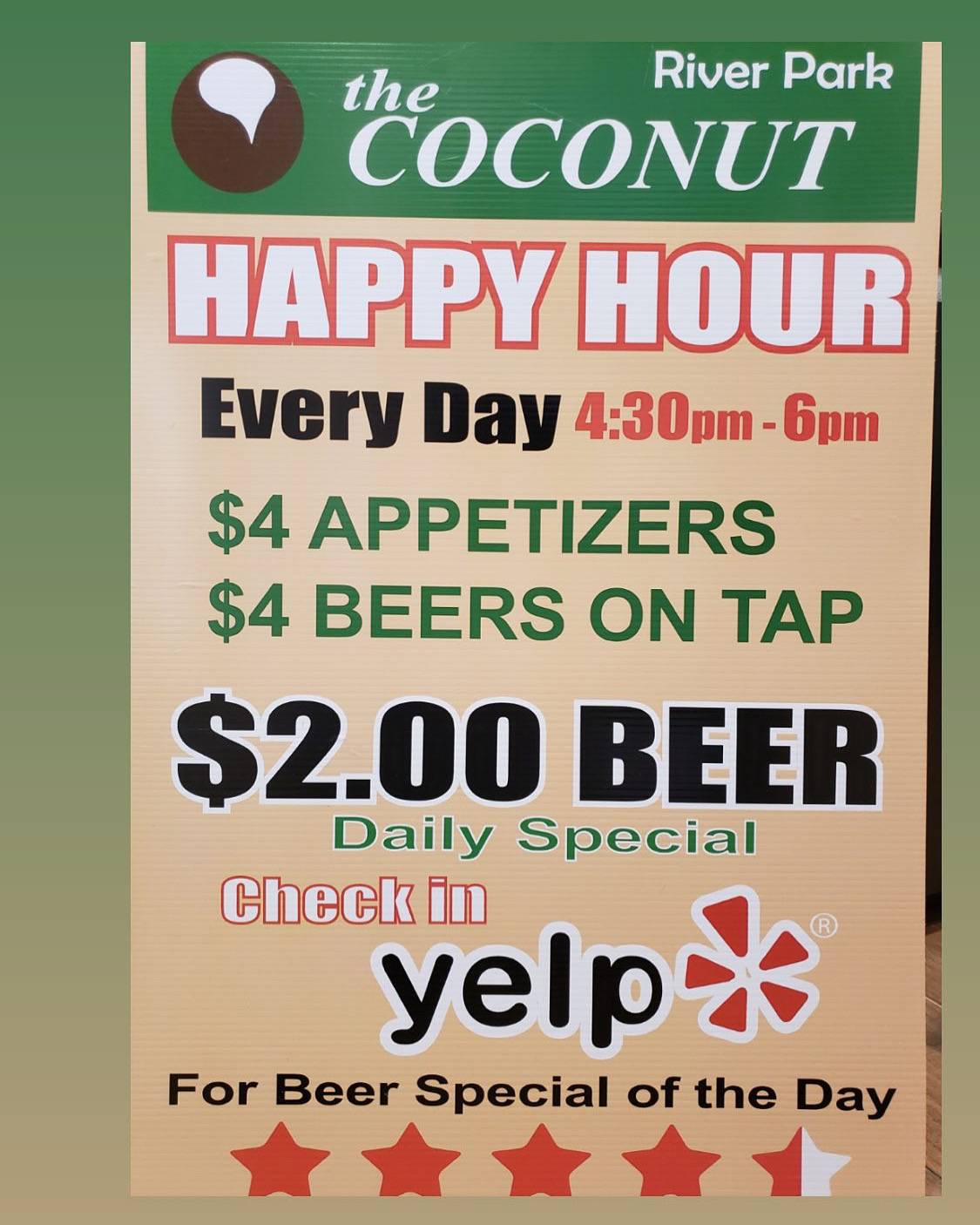 Menu at The Coconut River Park restaurant, Sacramento