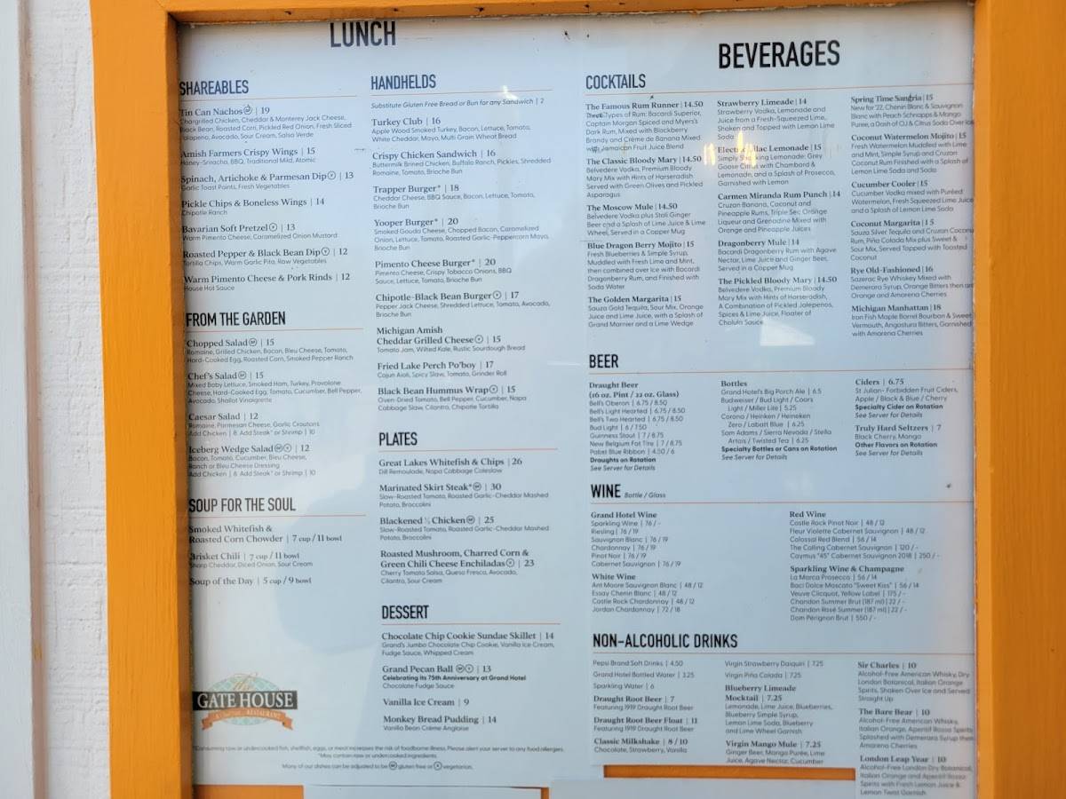 Menu at The Gate House restaurant, Mackinac Island