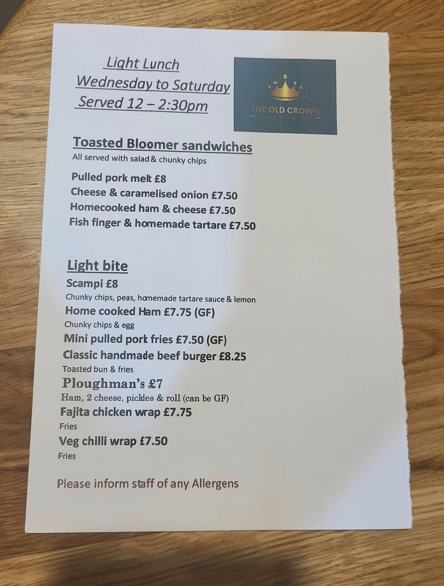 Menu at The Old Crown, Paganhill pub & bar, Stroud