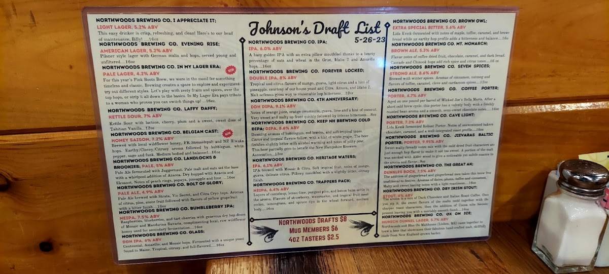 Menu at The Original Johnson's Dairy Bar at Northwoods Brewing Company
