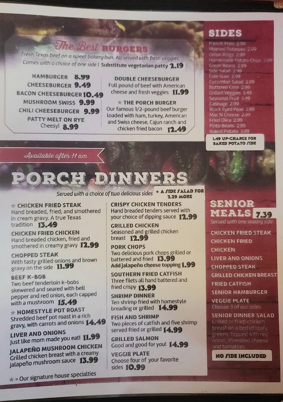 Menu at The Porch restaurant, Burleson, 140 S Wilson St