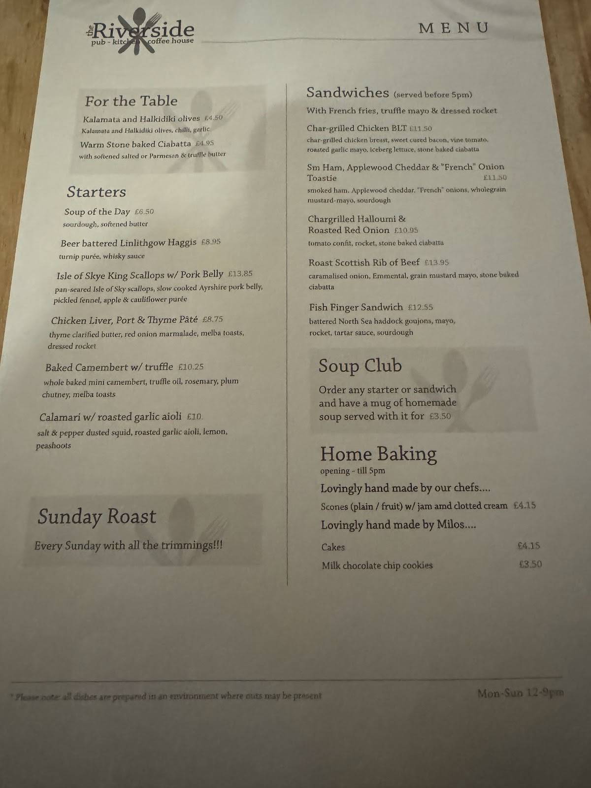 Menu at The Riverside Pub, Kitchen & Coffee House, Dunblane