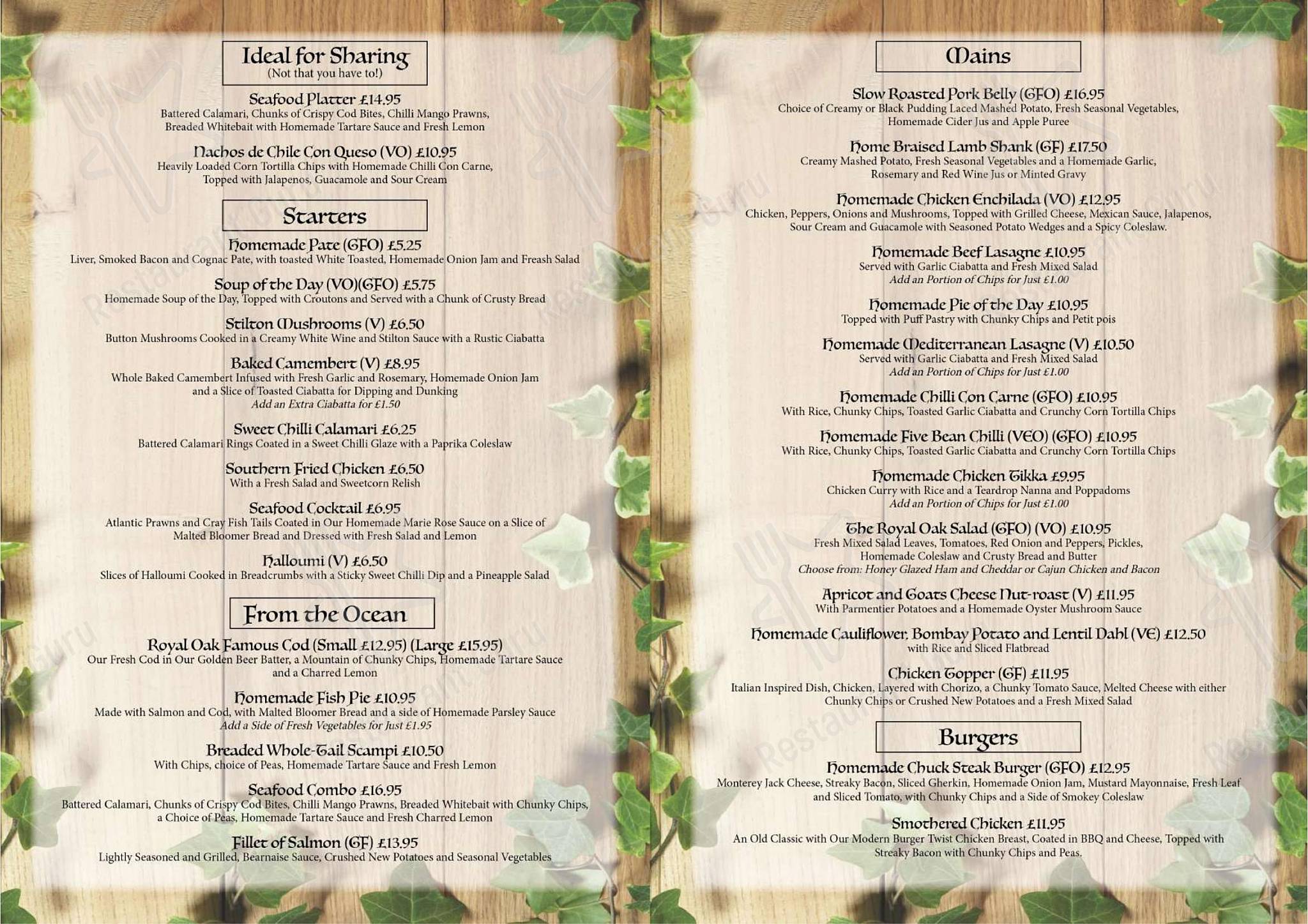 Menu at The Royal Oak pub & bar, Bromsgrove