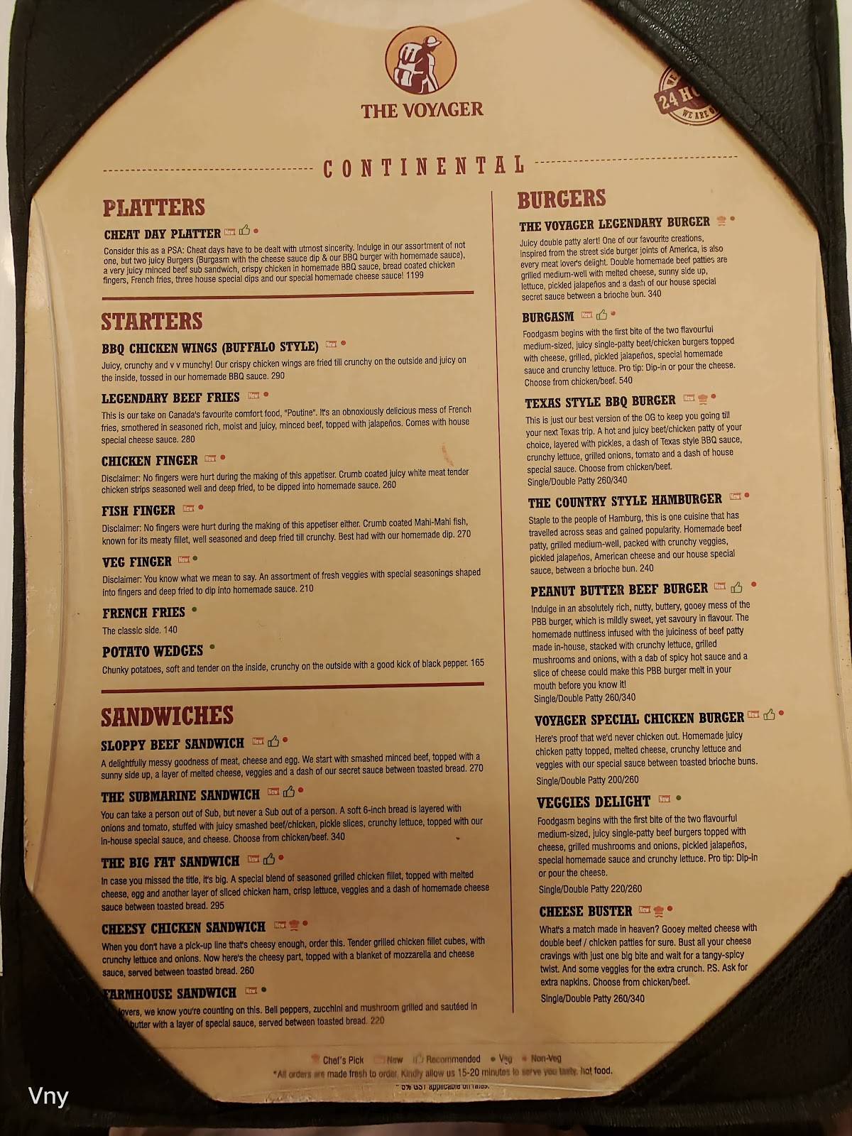 The Voyager Diner (24/7) menu