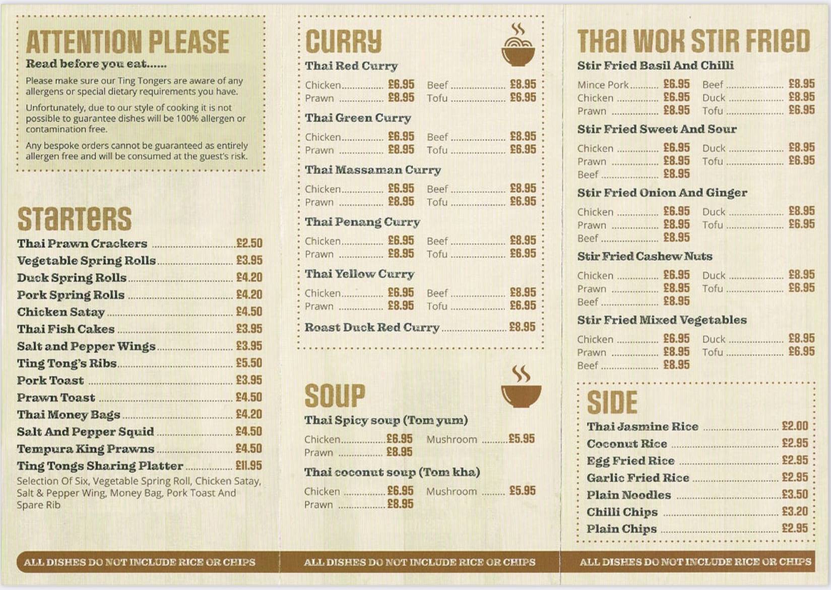 Menu at Ting Tongs Thai Street Food restaurant, Blackpool