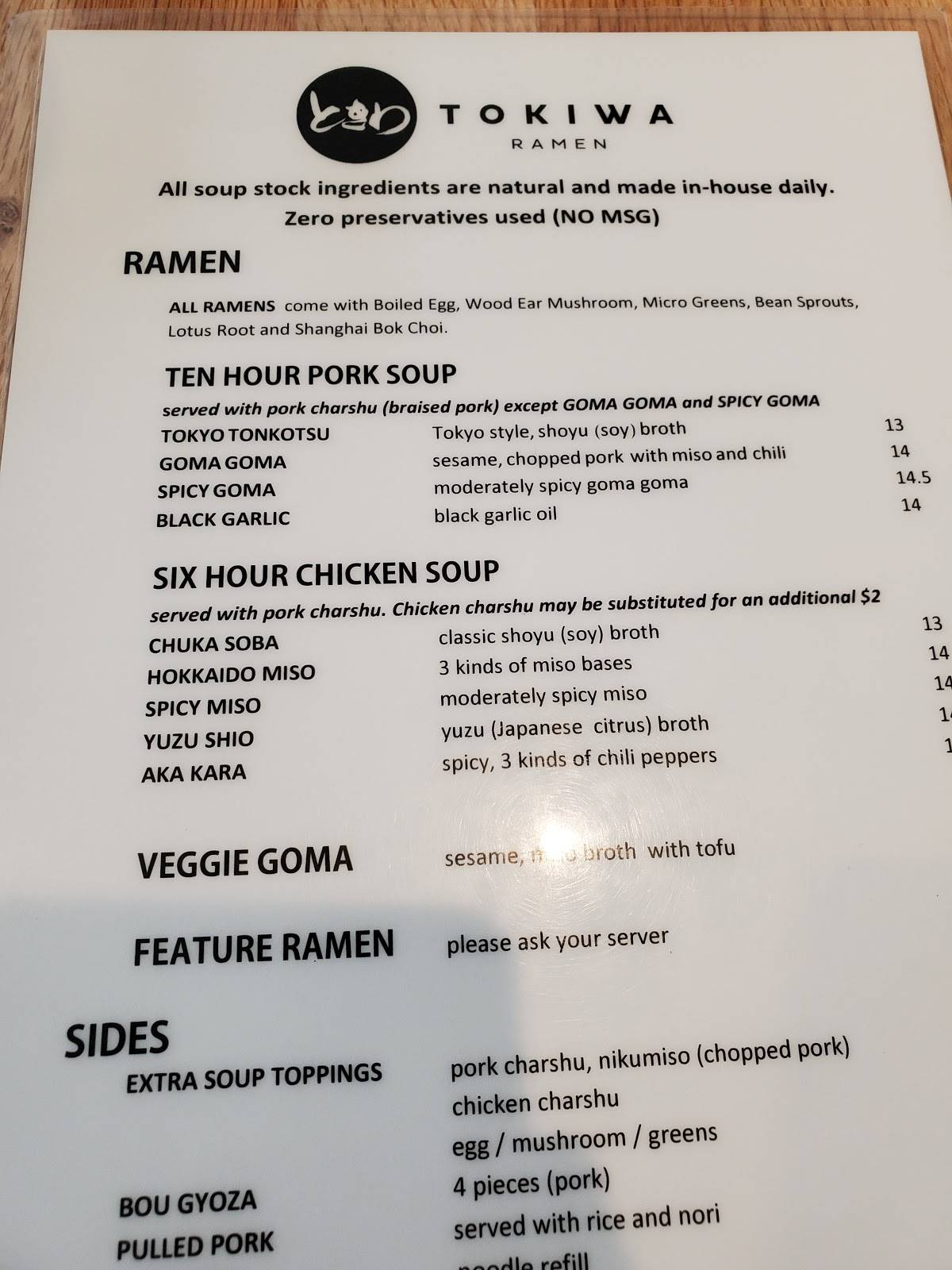 Menu at Tokiwa Ramen restaurant, Edmonton