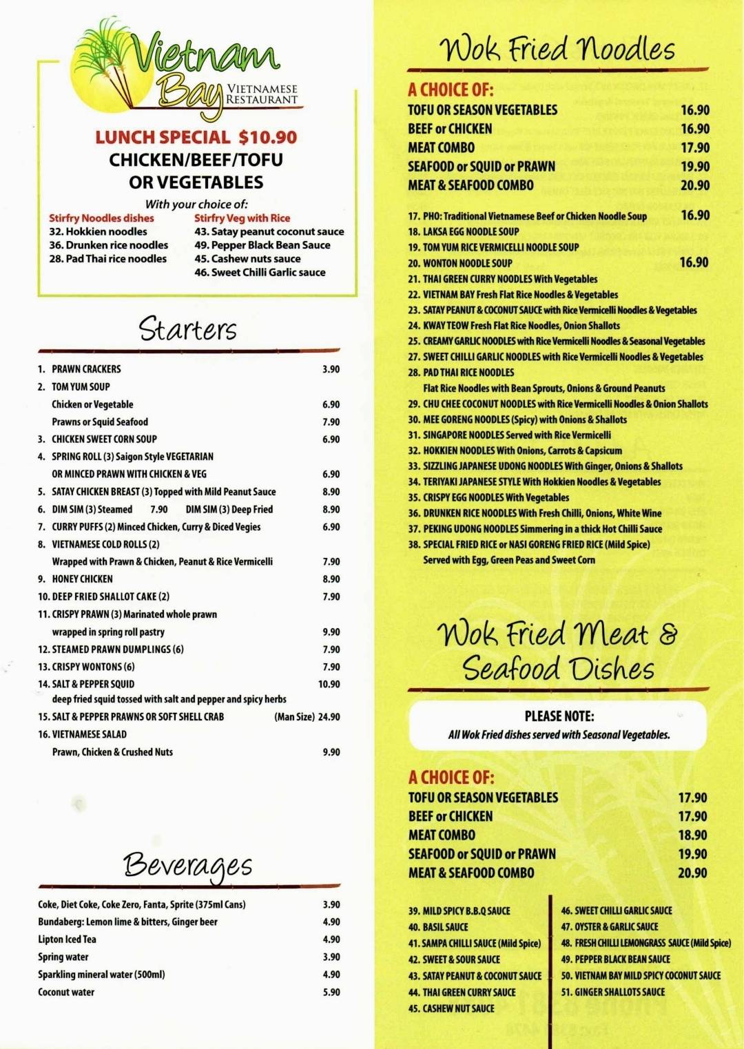 Menu at Vietnam Bay restaurant, Hallett Cove