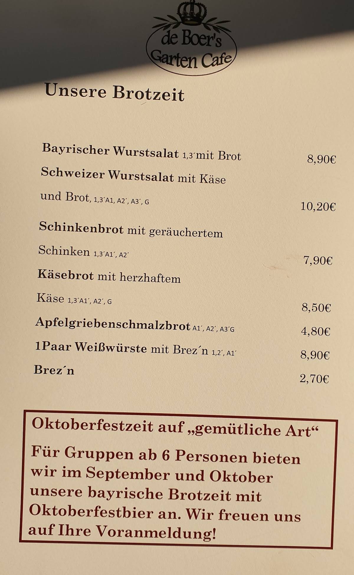 Speisekarte von de Boer‘s Garten Café! cafe, Jever