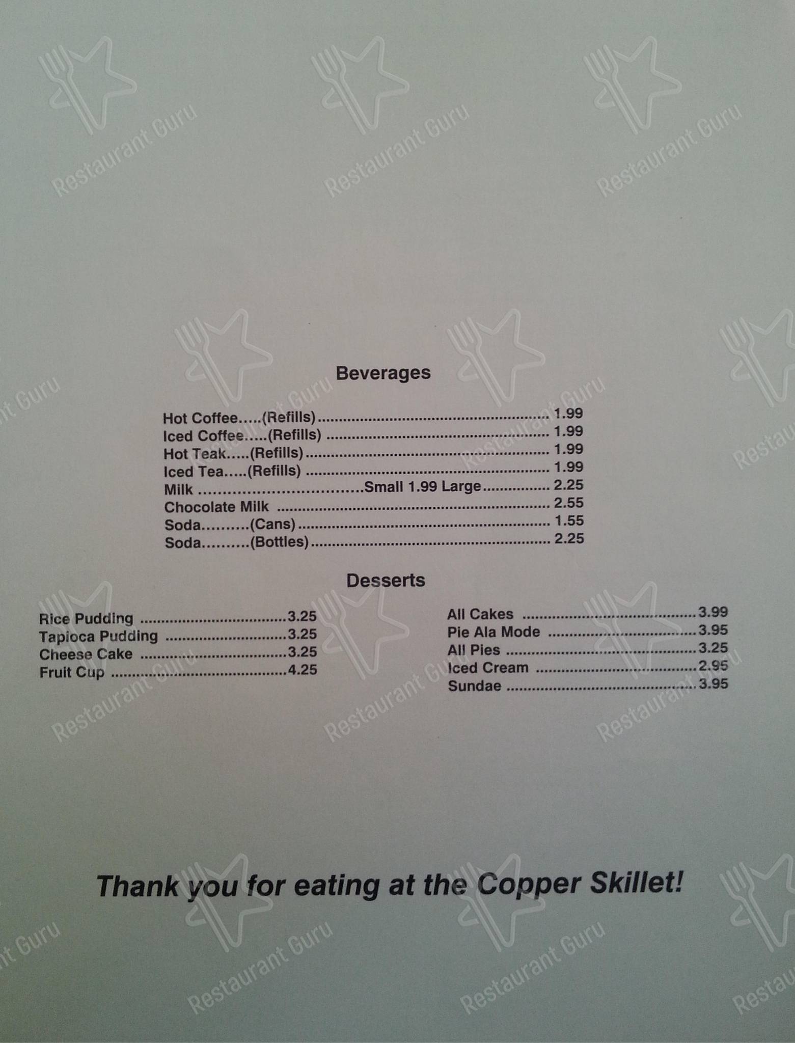 Menu at Copper Skillet Restaurant, Killingworth