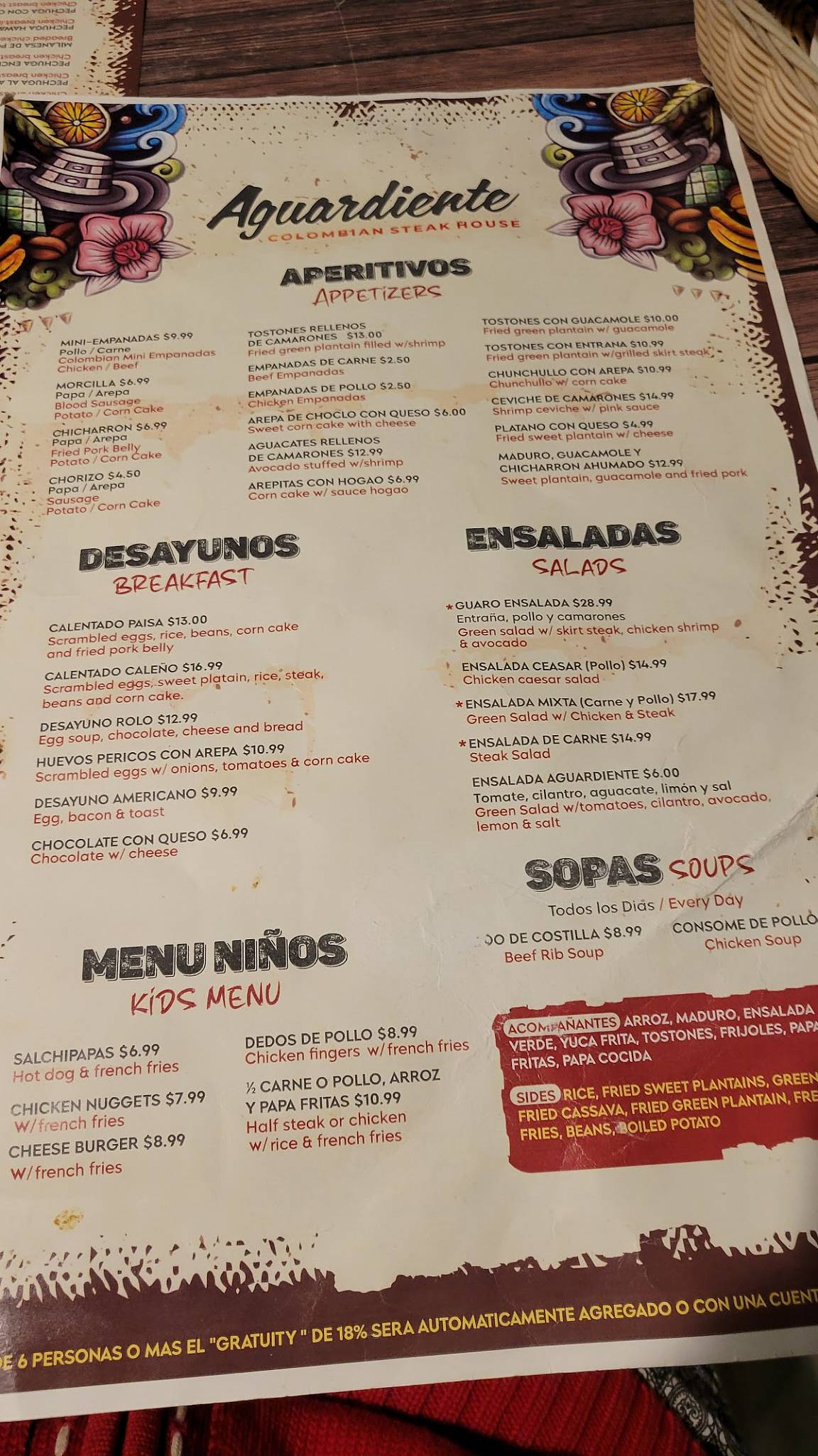 Menu at Aguardiente Colombian Steak House steakhouse, Orlando