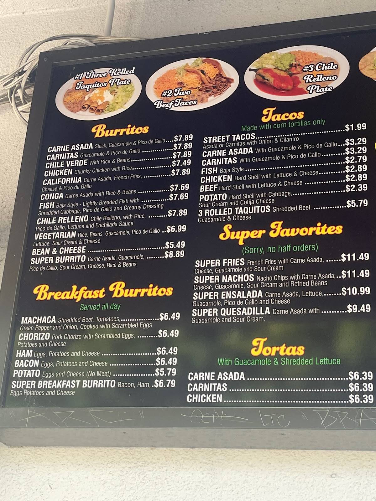 Menu at Alfredo's Mexican Food restaurant, Bell Gardens, Eastern Ave