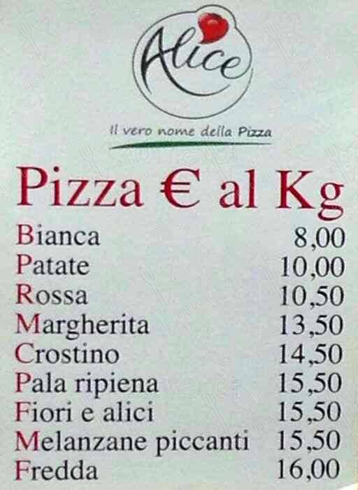 Alice Pizza Porta di Roma menu