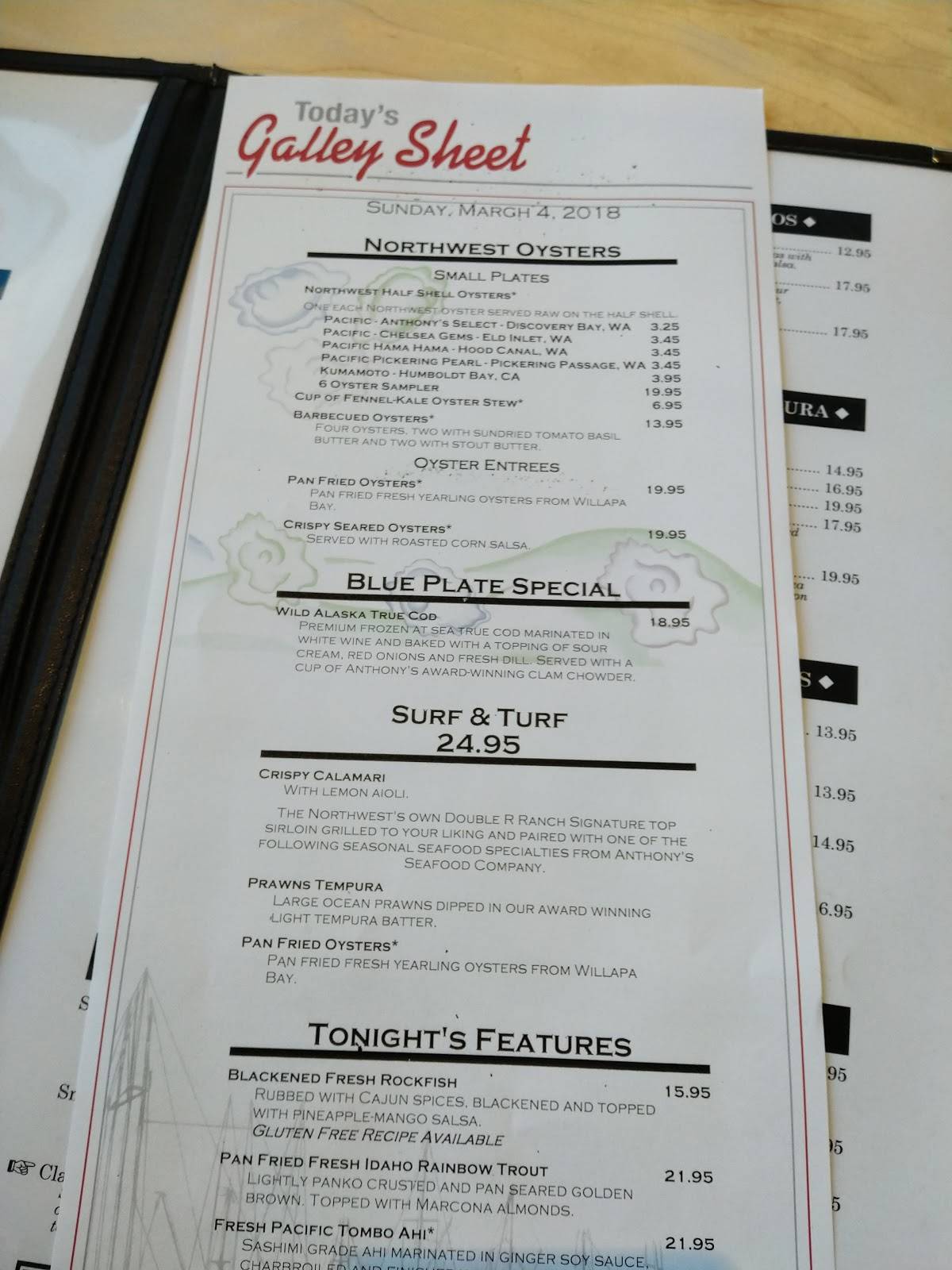 Menu at Anthony's At Point Defiance restaurant, Tacoma