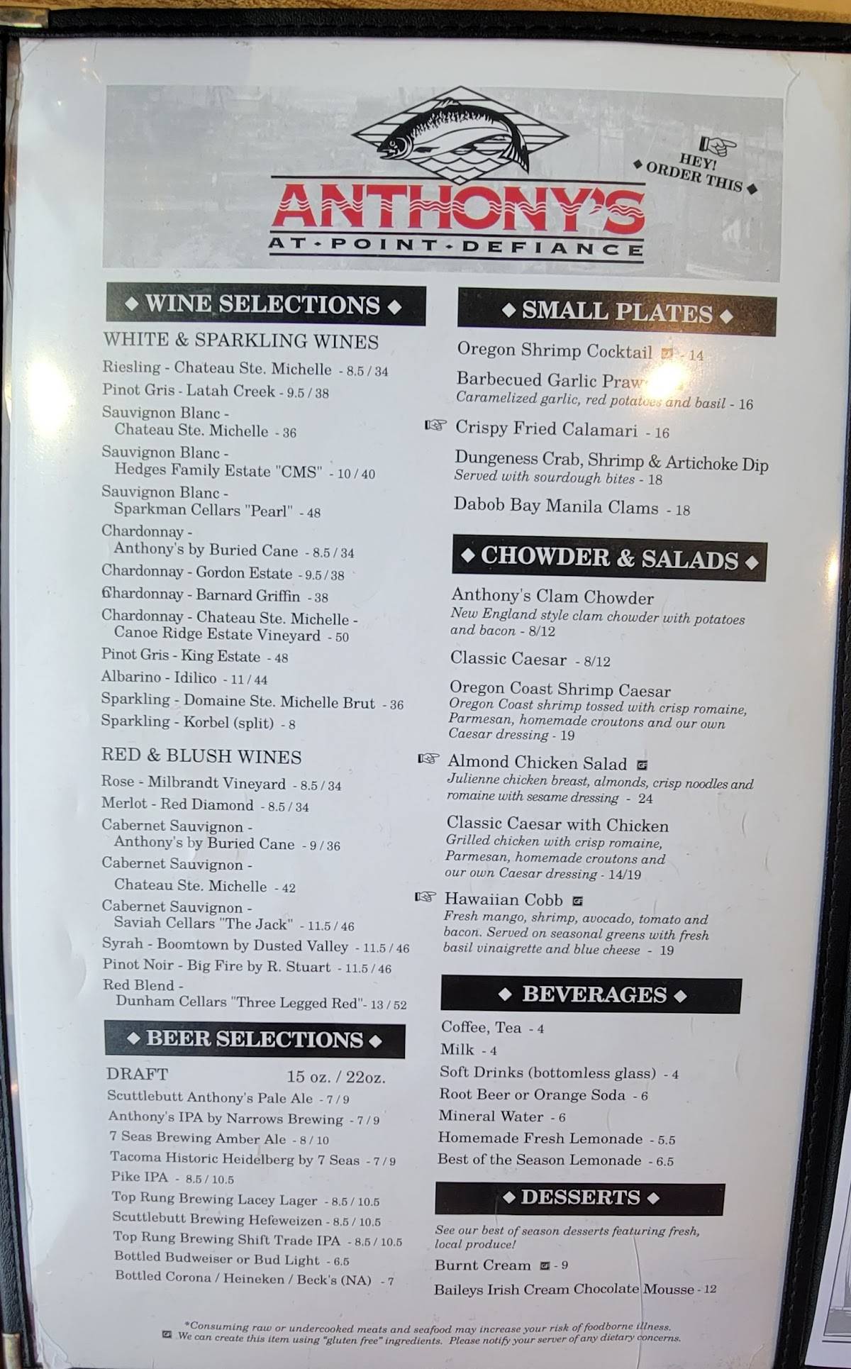 Menu at Anthony's At Point Defiance restaurant, Tacoma