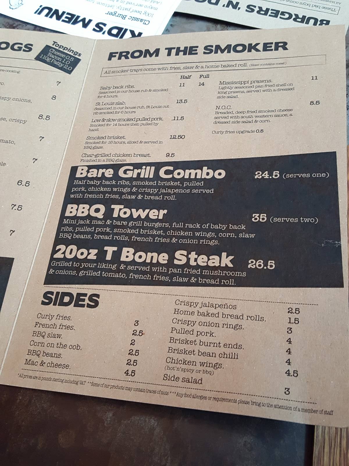 Menu at Bare Grills, WestonsuperMare