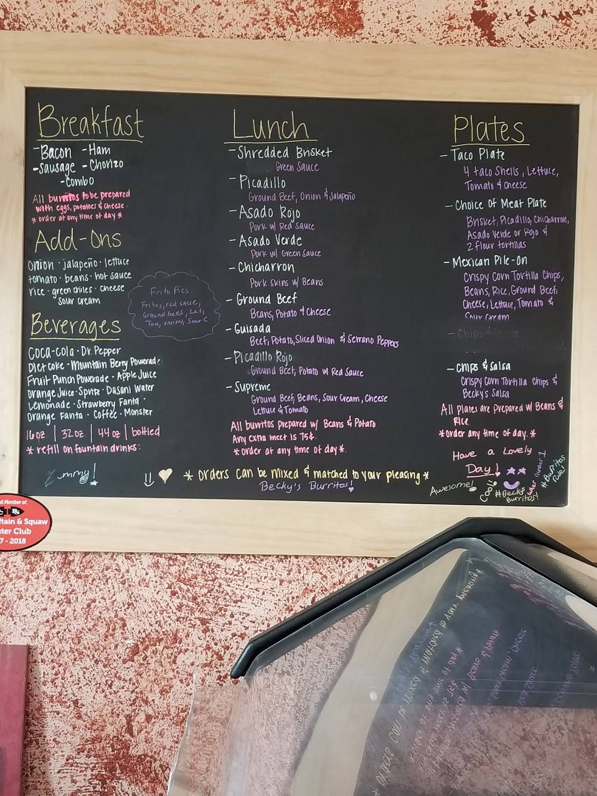 Menu at Becky's Burritos restaurant, Friona