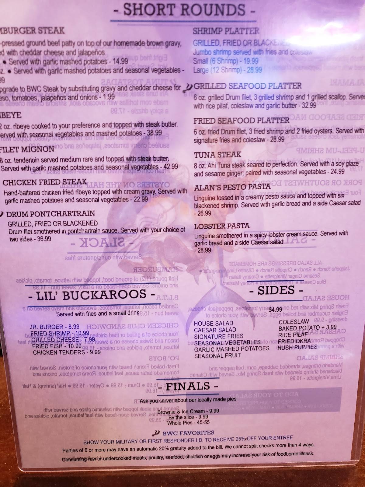 Menu at Blue Water Cowboy Saloon & Mercantile pub & bar, Port Aransas