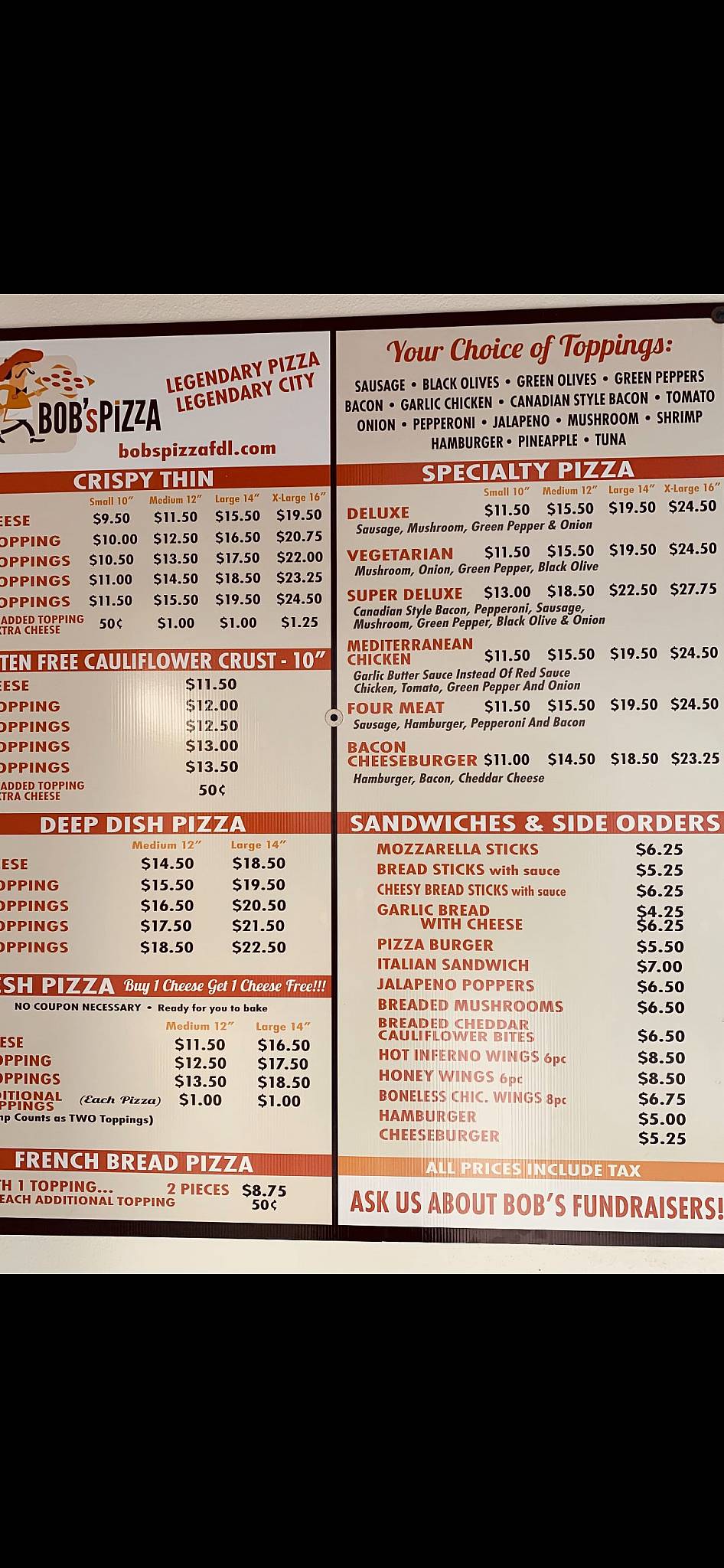 Menu At Bobs Pizza Pizzeria Fond Du Lac 25 E Merrill Ave