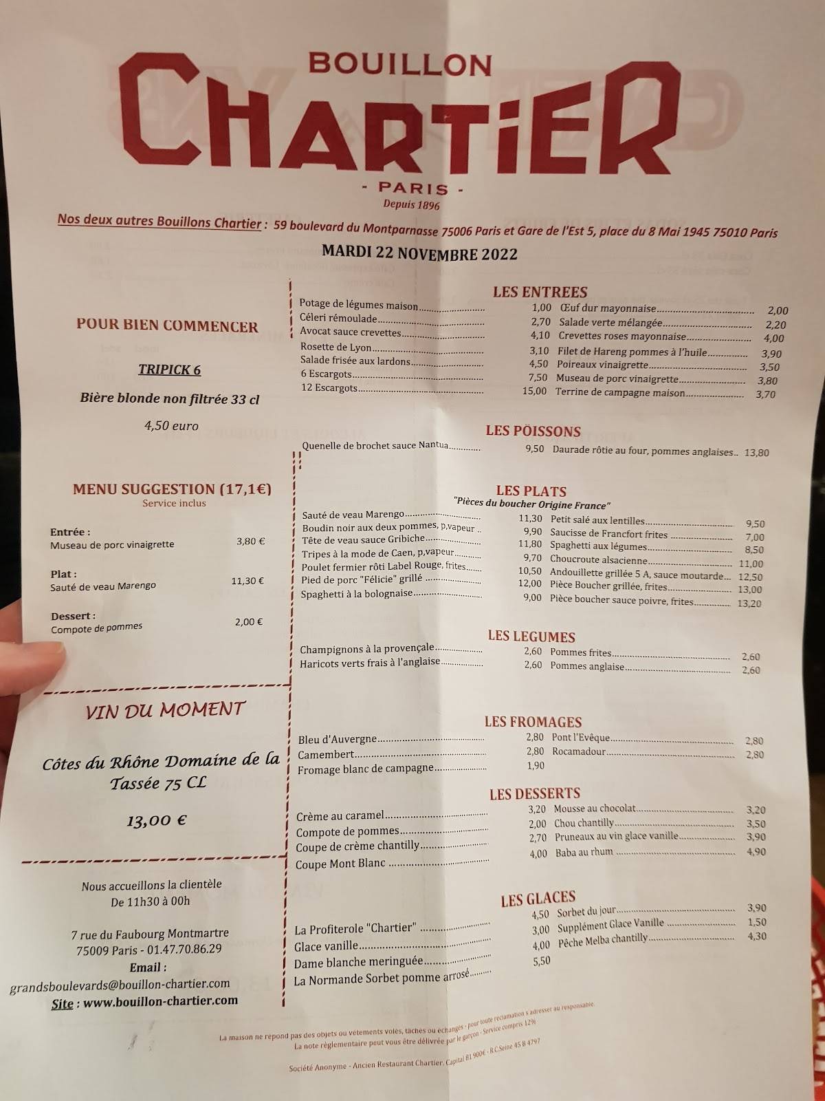 Menu at Bouillon Chartier Grands Boulevards restaurant, Paris, 7 Rue du Faubourg Montmartre