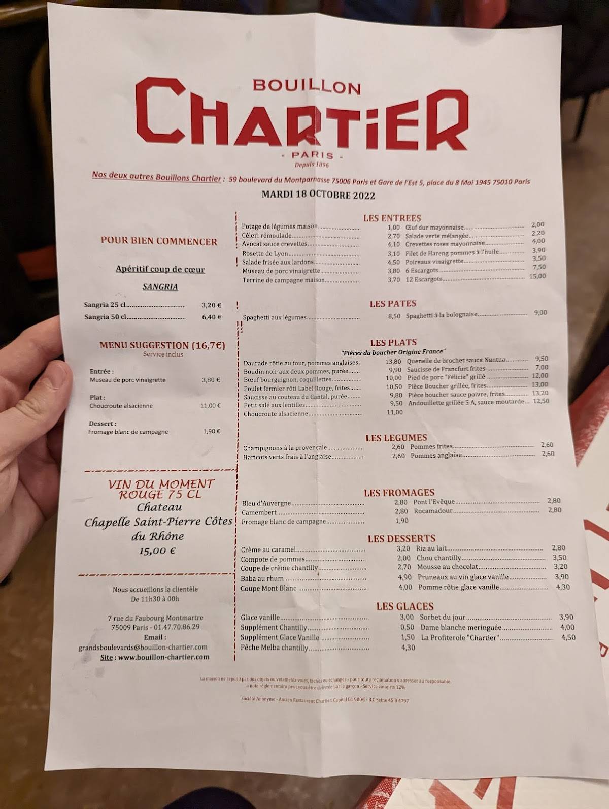 Menu at Bouillon Chartier Grands Boulevards restaurant, Paris, 7 Rue du Faubourg Montmartre