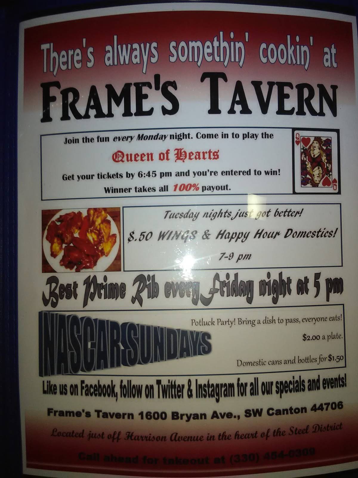 Menu at Frame's Tavern pub & bar, Canton