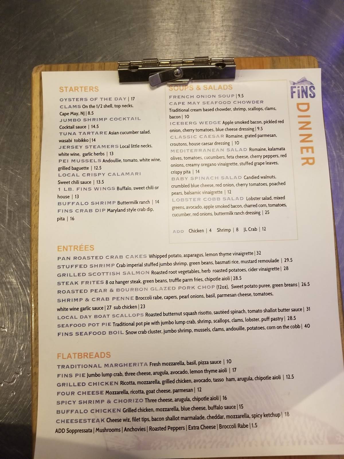 Menu at Fins Bar & Grille, Cape May, 142 Decatur St