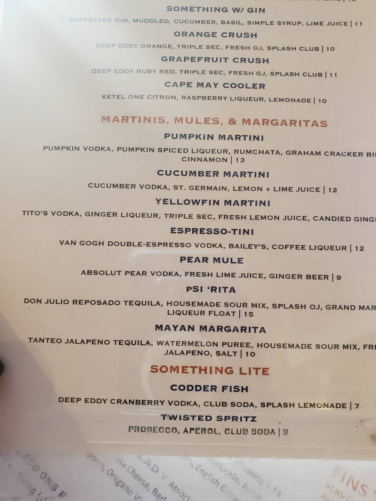 Menu at Fins Bar & Grille, Cape May, 142 Decatur St