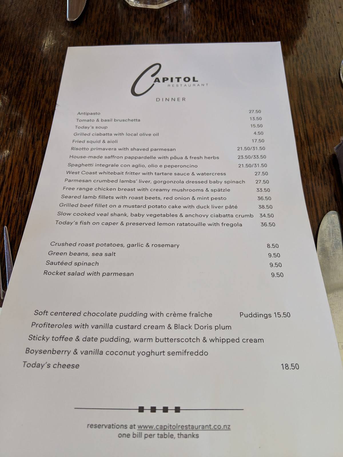 Menu at Capitol Restaurant, Wellington