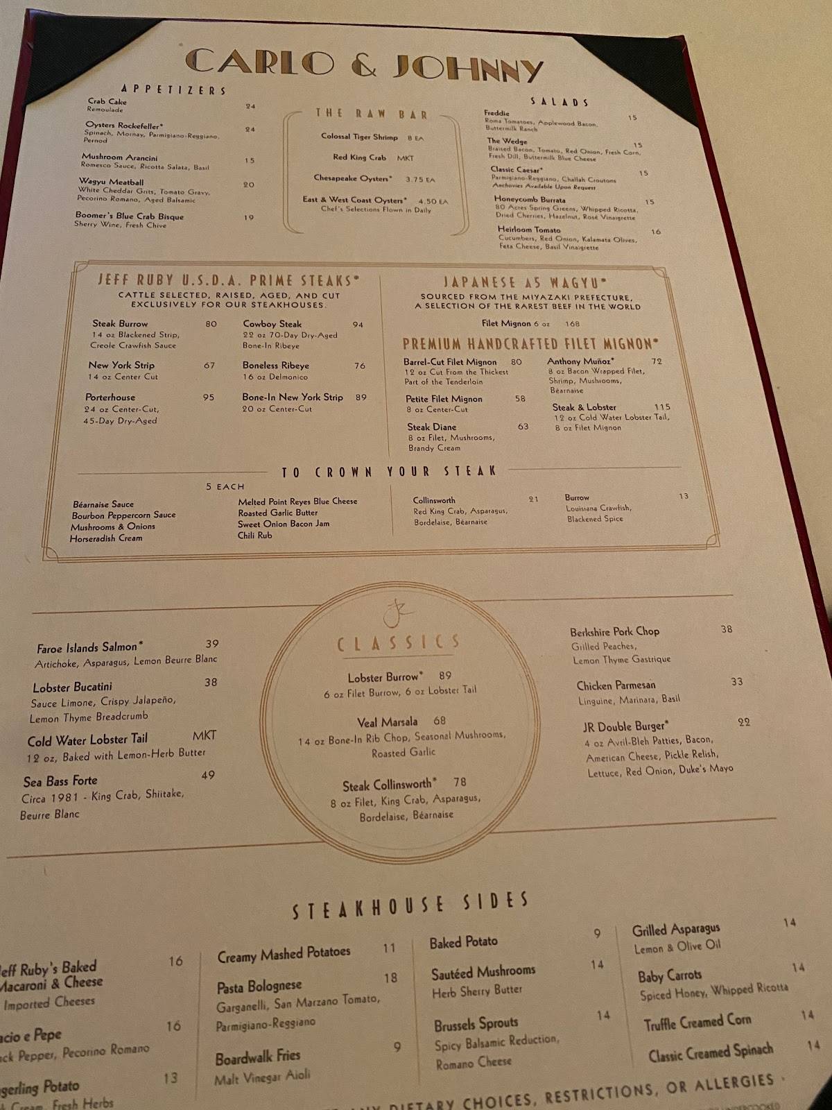 Menu at Carlo & Johnny By Jeff Ruby steakhouse, Cincinnati