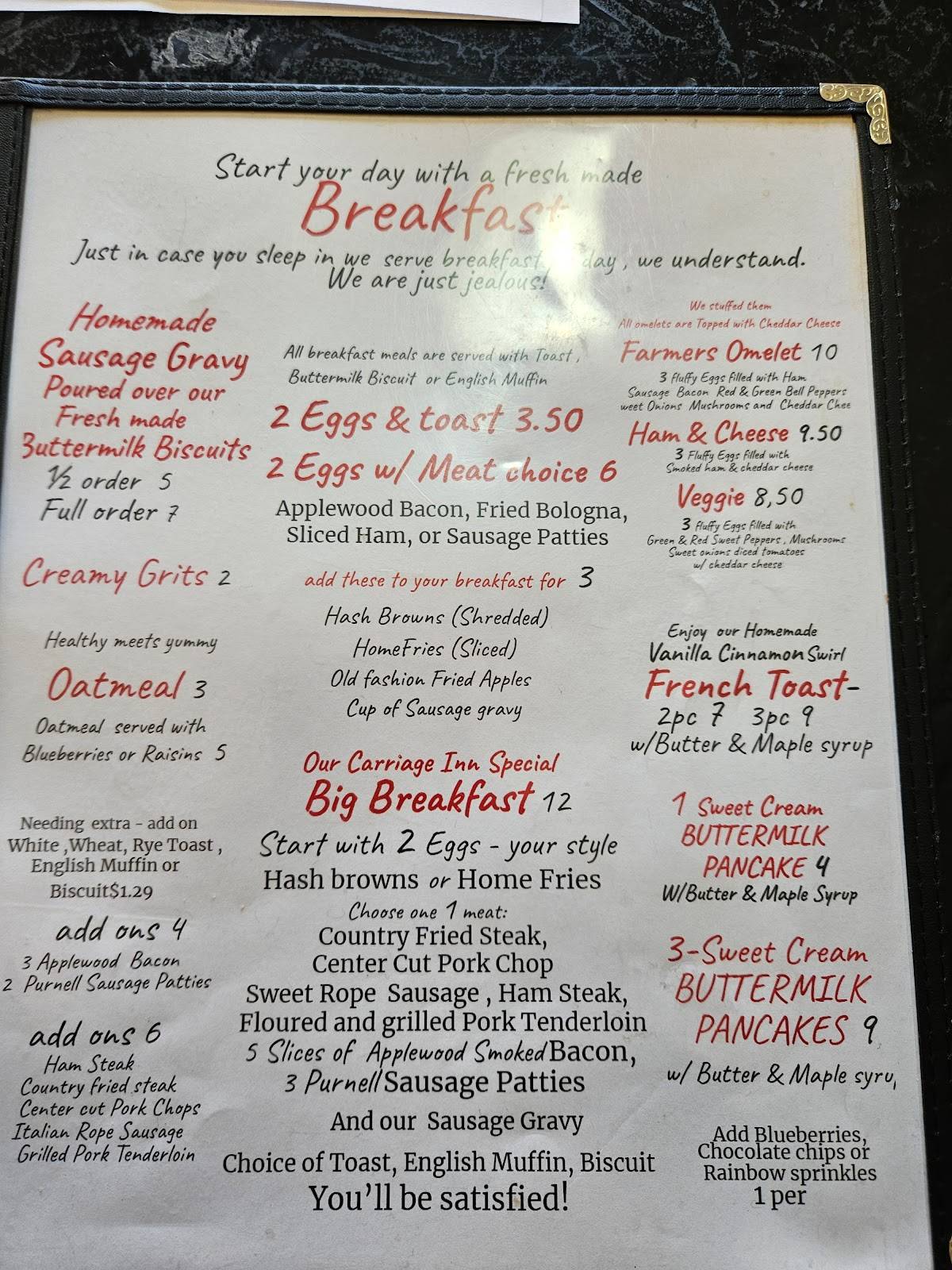Menu at Carriage Inn Restaurant, Enon