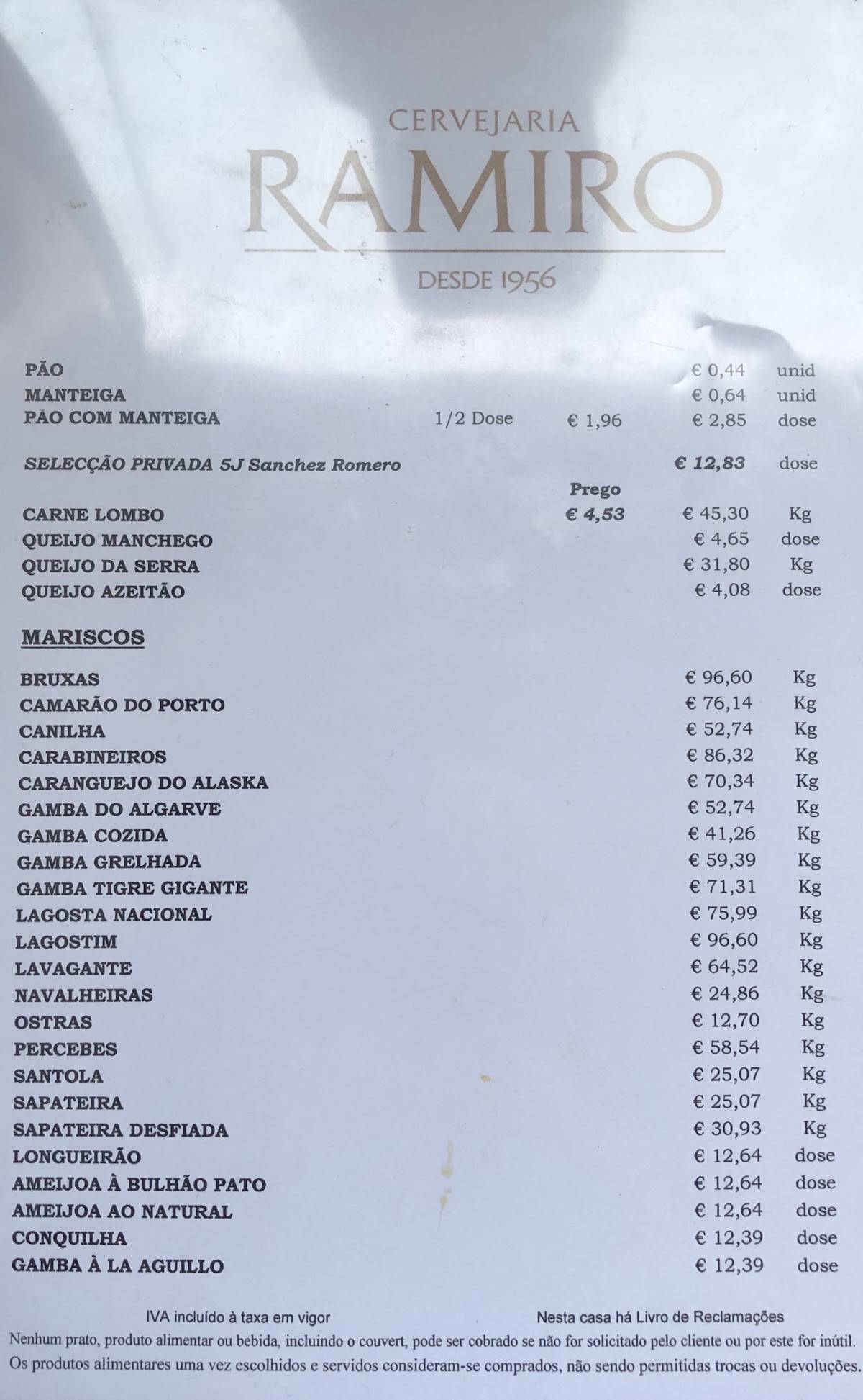 Menu at Cervejaria Ramiro pub & bar, Lisbon, Av. Alm. Reis 1 H